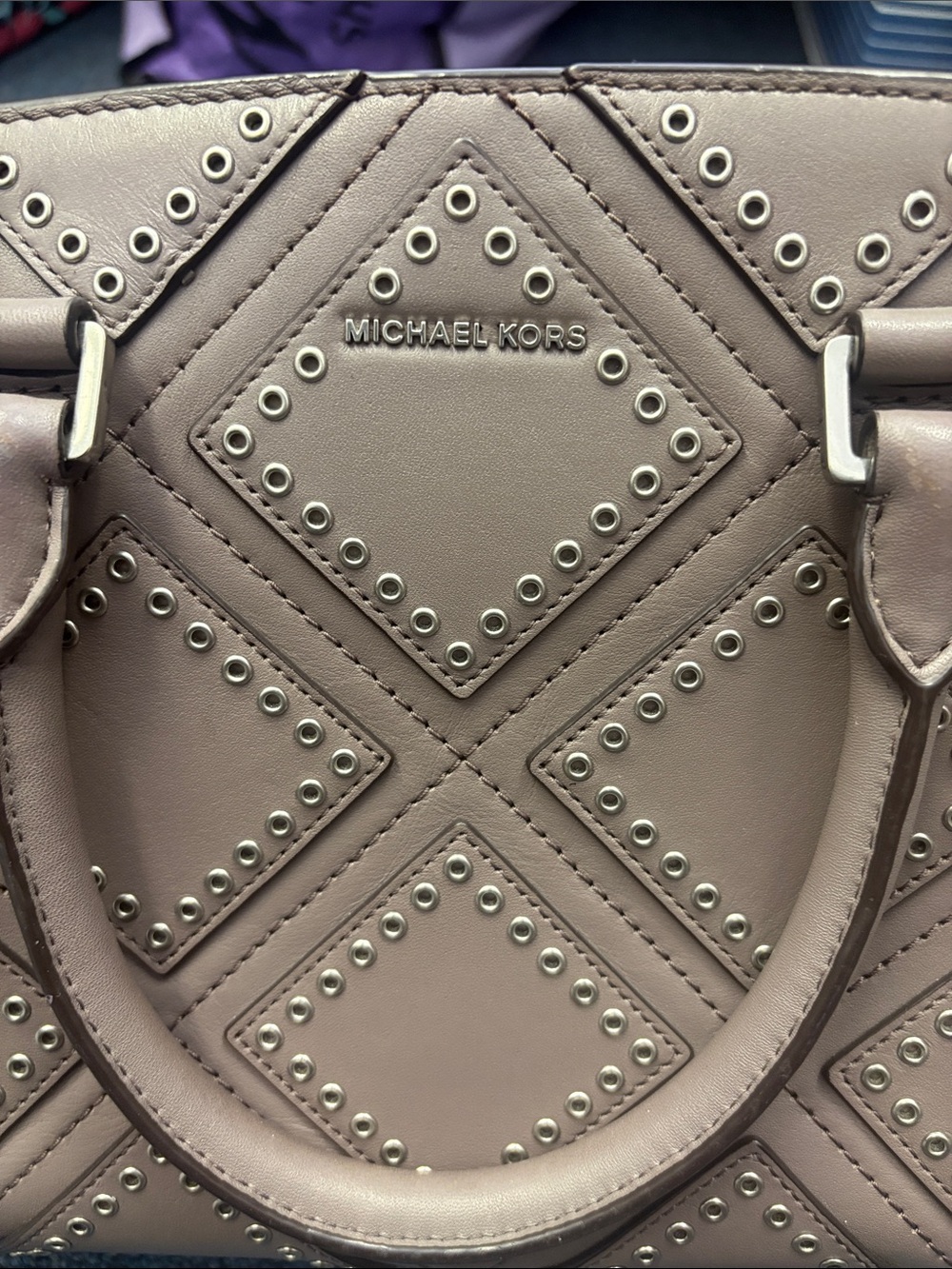 Michael Kors Taupe Gray Diamond-Quilted Studded Satchel - Picture 2 of 6